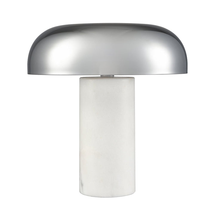 Introducing the Elk Home Regina 13.5'' High 2-Light Desk Lamp, showcasing a sleek metallic glass shade elegantly perched on a cylindrical white marble base. This minimalist design flawlessly merges industrial and contemporary aesthetics.