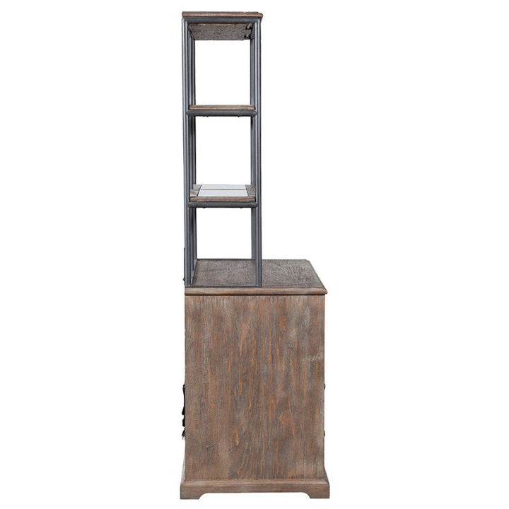 Side view of the Rustique Lateral File Cabinet - Fairfield Chair with a metal-framed shelving unit on top. The cabinet exudes rustic elegance with its weathered finish, featuring three open metal shelves above the main closed storage section. This design masterfully blends industrial charm and modern functionality, all under the distinguished Fairfield Chair brand.