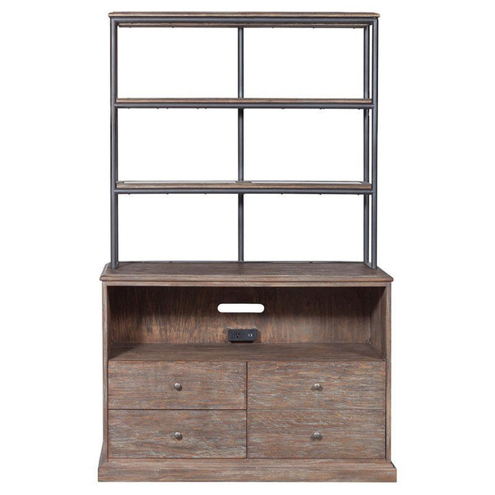 The Rustique Lateral File Cabinet by Fairfield Chair is a wooden storage unit with a grayish finish featuring four small drawers at the bottom, a large open shelf with a power outlet above the drawers, and a metal-framed shelving unit with three open shelves on top. The design combines rustic elegance with modern functionality.