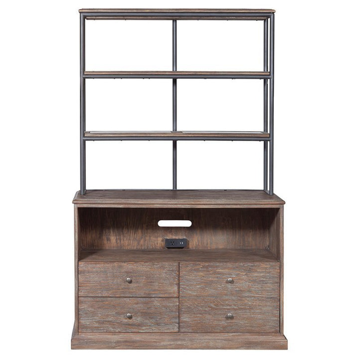 The Rustique Lateral File Deck - Fairfield Chair by Fairfield Chair is a wooden shelving unit with a metal frame that features three upper shelves and a lower section with two drawers and a small open space. It boasts a hand wire-brushed finish and includes an electrical outlet on the open shelf.