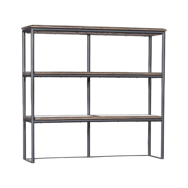 A three-tiered open shelving unit with a rectangular metal frame features wooden shelves with a weathered, hand wire-brushed finish. The minimalist design presents evenly spaced shelves ideal for storage or display purposes, making it the perfect companion to the Fairfield Chair's Rustique Lateral File Deck.