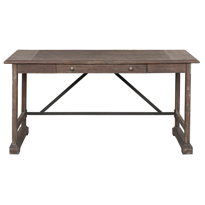 The Rustique Writing Desk and Mobile File by Fairfield Chair exudes rustic elegance with its wooden finish and metal accents. It features a rectangular top, two small front drawers, and X-shaped side supports. This sturdy desk is designed with thick legs and a reinforcing metal bar at the base for added stability.