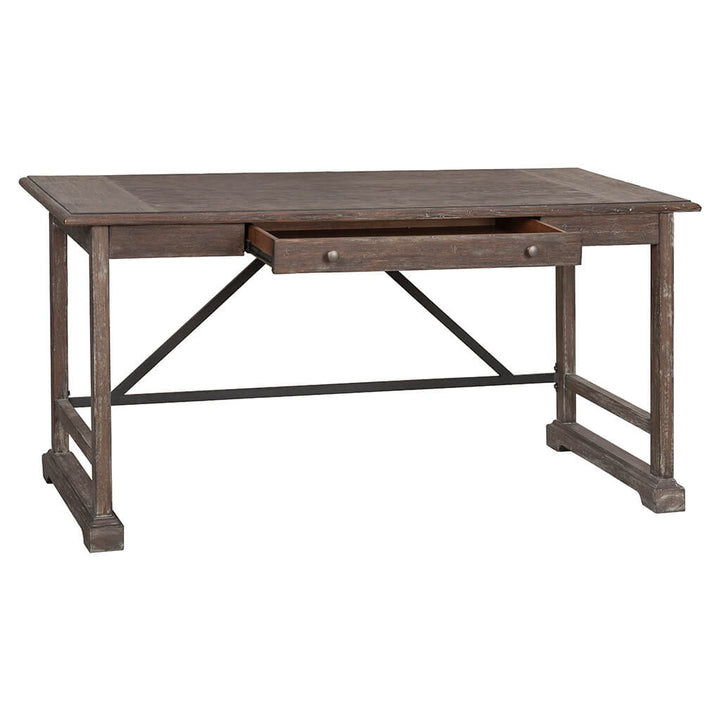 The Rustique Writing Desk and Mobile File by Fairfield Chair offers rustic elegance with its broad rectangular wooden surface and slightly weathered finish. This desk features a single partially open central drawer, supported by sturdy legs reinforced with a metal crossbar, blending functionality and timeless charm.