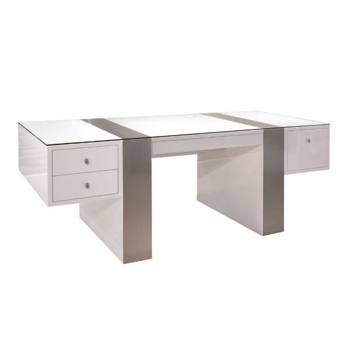 Introducing the Sharelle Nero Desk from Sharelle Furnishings, a modern and sleek office desk finished in high-gloss white lacquer with sophisticated nickel accents. This stunning piece features two sets of spacious drawers, one on each side, adorned with stainless steel handles. Its design boasts sharp lines and a minimalist aesthetic.