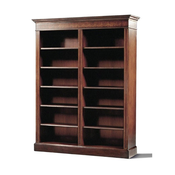 Introducing the Aston Court Tall Mahogany Bookcase, featuring an elegant design and a dark finish. It is equipped with two large sections, each containing four adjustable shelves, providing ample storage for your books and decor. The bookcase boasts a decorative top edge and a solid base, all set against a plain white background.