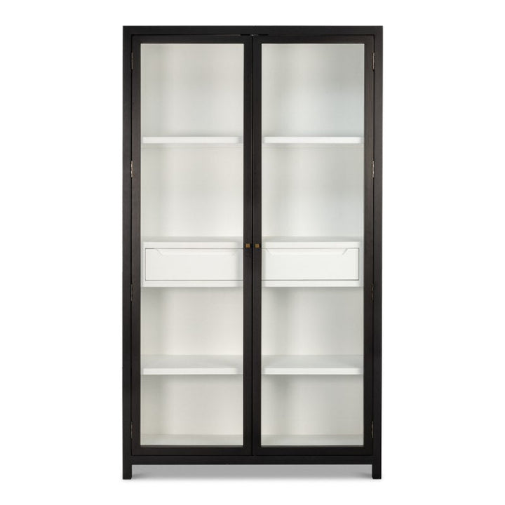 ### Sarreid's Walker Bookcase in Black

The Walker Bookcase by Sarreid features a tall, glass cabinet with a brushed black exterior and silver handles. Inside, it boasts several white shelves perfect for displaying items. With its sleek and modern design, this piece adds rustic elegance to any interior setting.