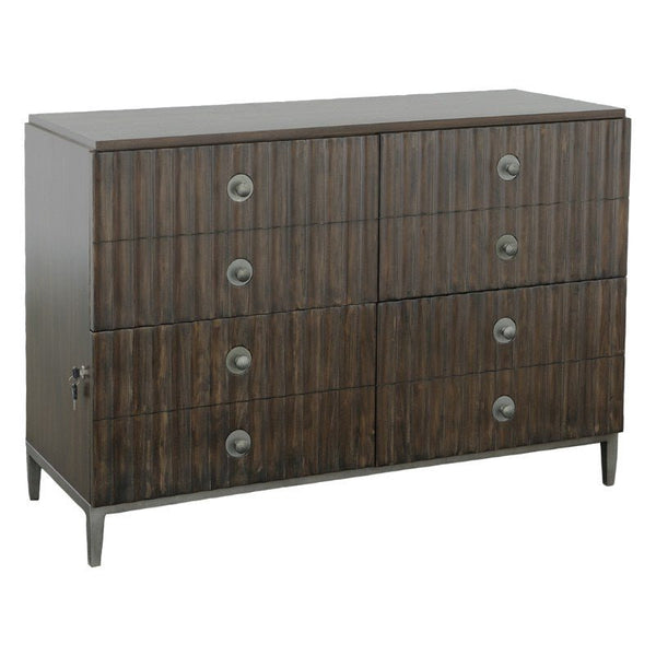 A sleek and minimalist dresser with a Tahitian Pearl finish, boasting six horizontal drawers each adorned with black steel hardware knobs. This modern piece stands on four tapered legs, echoing the stylish appeal of the West Camden Lateral File Cabinet by Fairfield Chair.