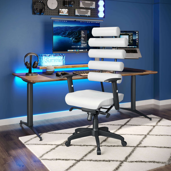 A modern, blue-themed home office setup features a wooden desk, dual monitors, and various tech accessories mounted on the wall. The unique Zuo White Office Chair - Unico with height-adjustable cylindrical backrests provides excellent lumbar support on a patterned rug. Blue ambient lighting enhances the setup.