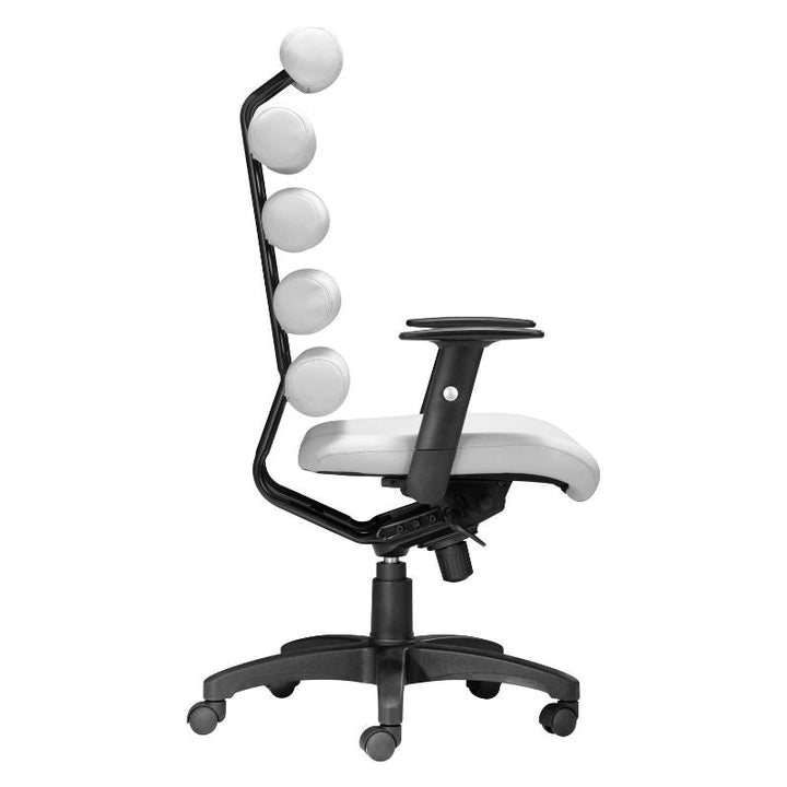 A side view of the Zuo White Office Chair - Unico showcases its modern ergonomic design, featuring a black base and white seat. The chair boasts four prominent, circular lumbar support cushions attached to the backrest. With height-adjustable armrests and a five-wheel caster base for easy mobility, it’s designed for ultimate comfort.