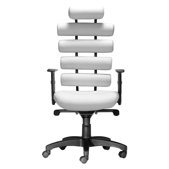 The White Office Chair - Unico by Zuo is a modern office chair with a unique design featuring separate horizontal cushions for the backrest and headrest, offering excellent lumbar support. The chair boasts a white finish with black armrests, a black base, and wheels for mobility. It is also height adjustable to ensure maximum comfort.