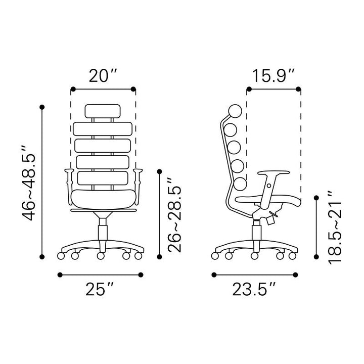 Illustration of the White Office Chair - Unico by Zuo, featuring adjustable dimensions and lumbar support. The front view displays a height range of 46 to 48.5 inches and a width of 25 inches. The side view shows a backrest height of 15.9 inches, a seat height that is adjustable from 18.5 to 21 inches, and a depth of 23.5 inches.