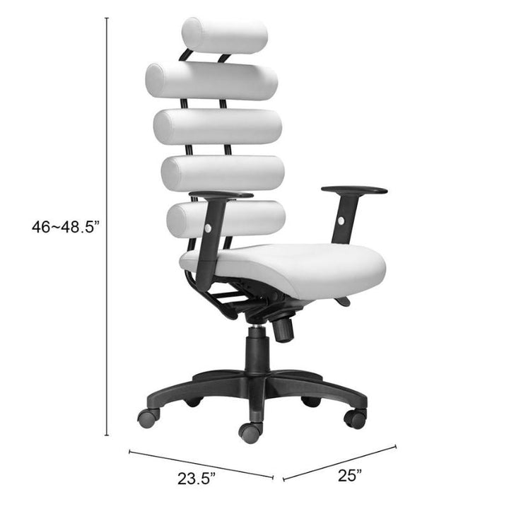 The Zuo White Office Chair - Unico is a modern office chair featuring a distinctive cylindrical backrest design, adjustable armrests, and height. Boasting lumbar support, this height-adjustable chair ranges from 46 to 48.5 inches. With a seat width of 25 inches and depth of 23.5 inches, the base comes equipped with five caster wheels for easy mobility.