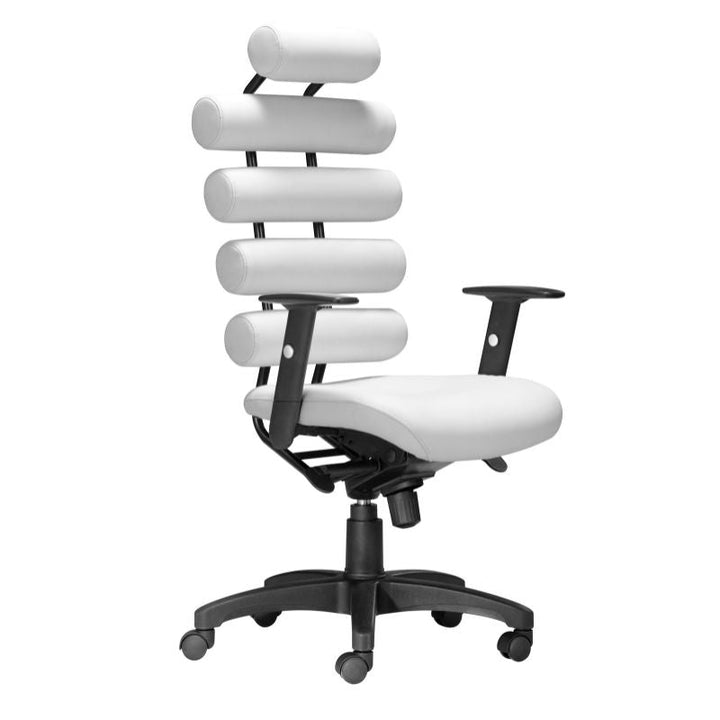 The Zuo White Office Chair - Unico is a modern office chair with a distinctive design, featuring five vertically stacked cylindrical cushions for lumbar support. It includes height-adjustable armrests and rests on a sturdy black base with five rolling wheels.