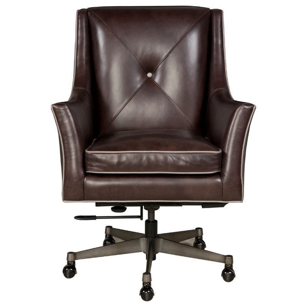 The Wriggly Office Swivel Chair - Fairfield Chair by Fairfield Chair is a dark brown, high-back office chair with diamond-shaped stitching and armrests. Crafted from buttery-soft aniline leather, this chair also features a swivel base with wheels for ease of movement, perfectly blending comfort with modern design.