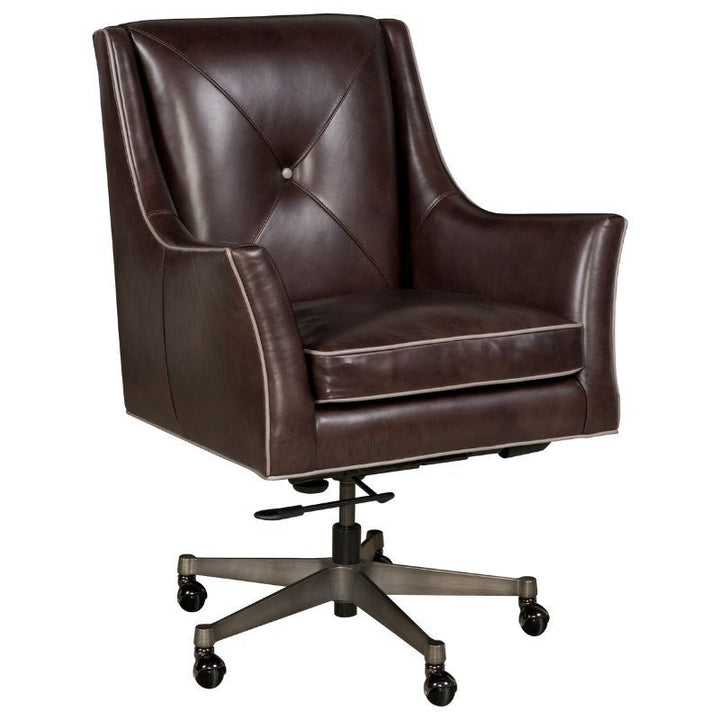 A dark brown Fairfield Wriggly Office Swivel Chair from Fairfield Chair, featuring a cushioned seat, high backrest, and armrests. The chair boasts diamond-shaped tufting with buttons in buttery-soft aniline leather and is mounted on a five-wheel, height-adjustable metal base, embodying modern design.