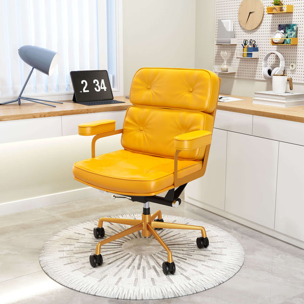 In a modern home office, a stylish Smiths Yellow Office Chair by Zuo with an adjustable base, cushioned backrest, and armrests sits on a circular rug. Behind the chair is a wooden desk holding a laptop, desk lamp, and various office supplies. The time on the laptop reads 2:34.